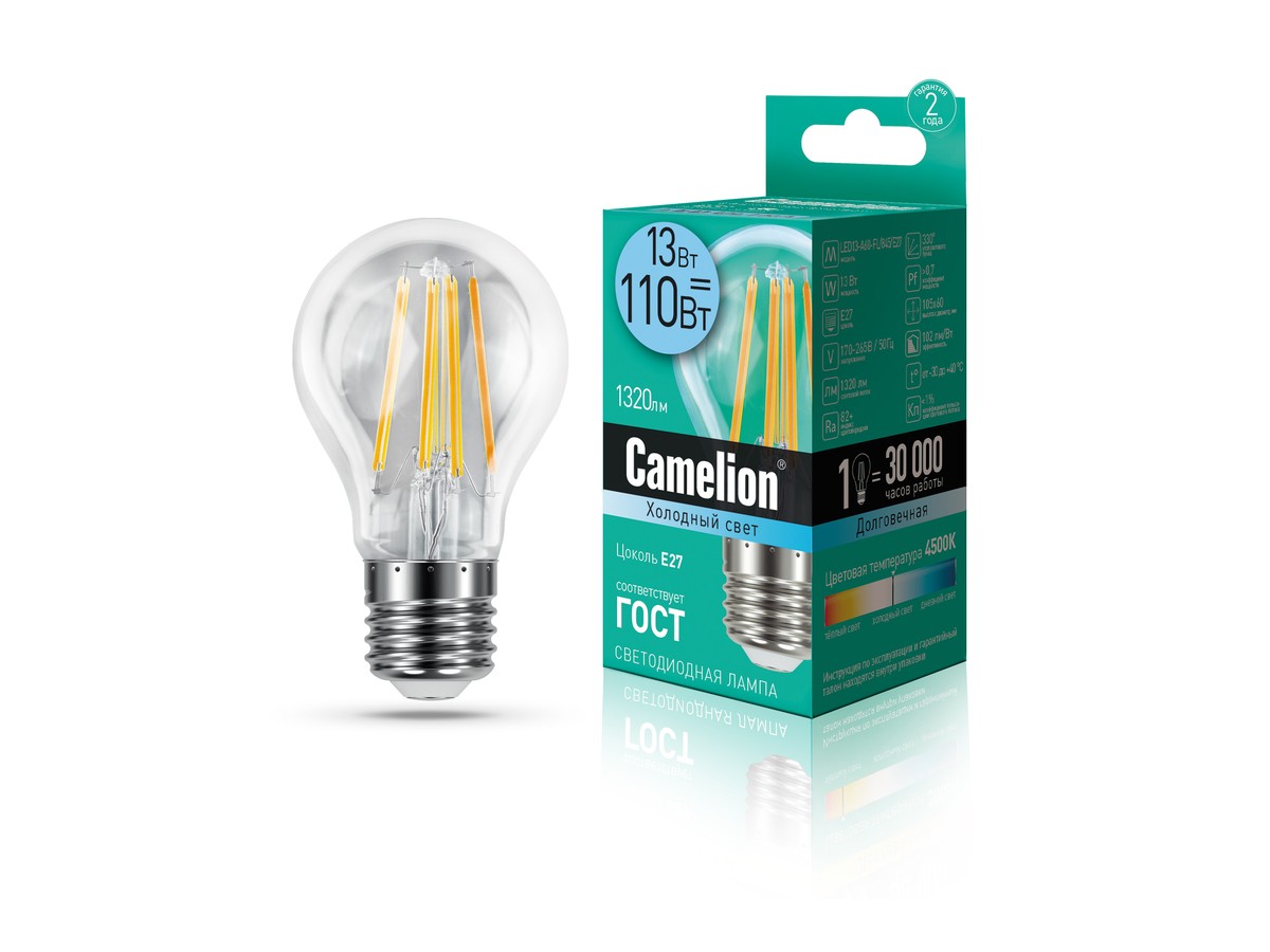 ფილამენტის ნათურა Camelion Led Lamp Filament LED13-A60-FL/845/E27 13ვატი — ნათურა და ვაზნა
